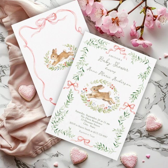 Cute Bunny Girl Floral Pink Bow Baby Shower  Invitation (Creator Uploaded)