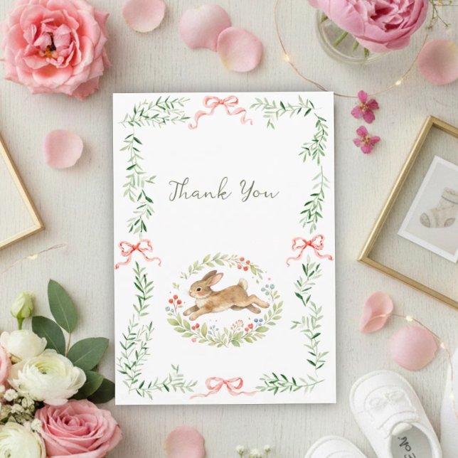 Cute Bunny Girl Floral Pink Bow Baby Shower  Thank You Card (Creator Uploaded)