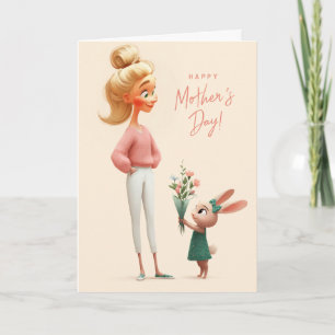 Cute Bunny Giving Mother's Day Flowers to Mum Card