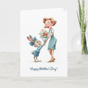 Cute Bunny Giving Mum Flowers Happy Mother’s Day Card