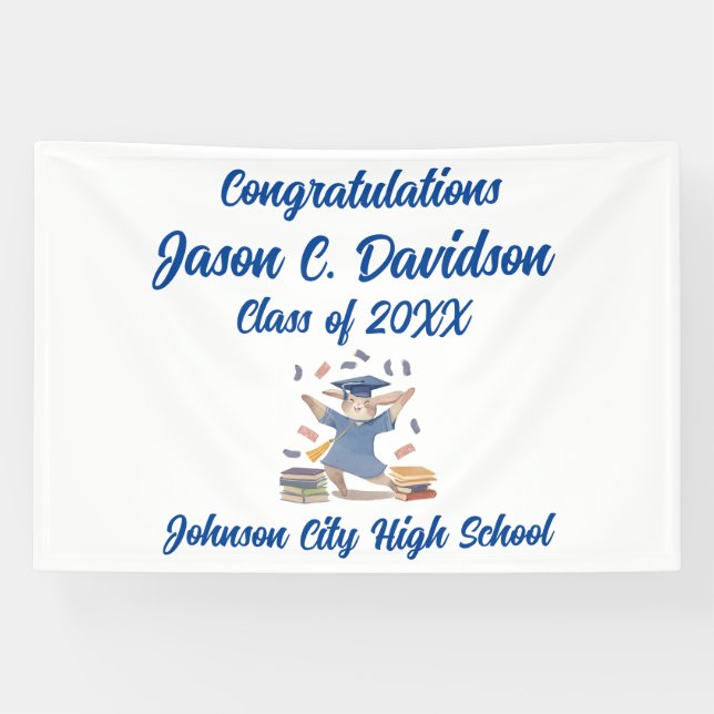 Cute Bunny Graduation Party Banner Blue (Horizontal)