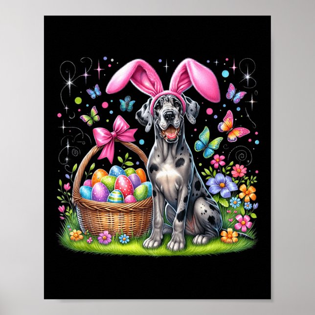 Cute Bunny Great Dane Dog Easter Eggs Basket Easte Poster (Front)