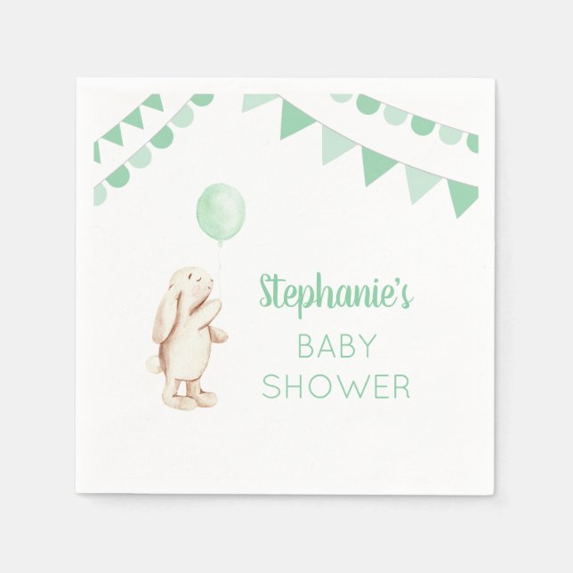Cute Bunny & Green Balloon Watercolor Baby Shower Napkin (Front)