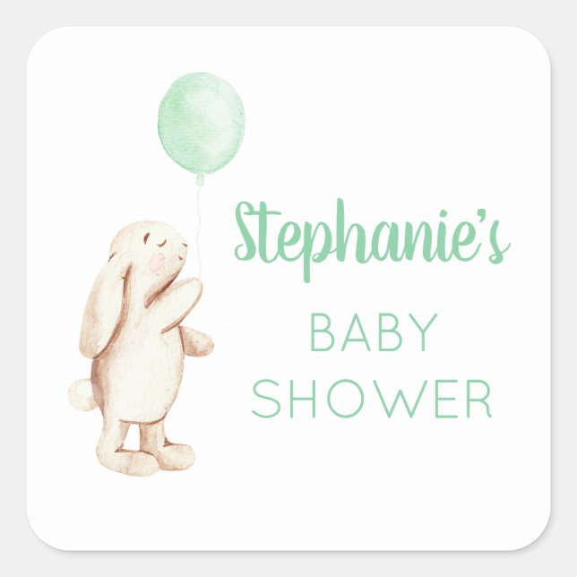 Cute Bunny & Green Balloon Watercolor Baby Shower Square Sticker (Front)