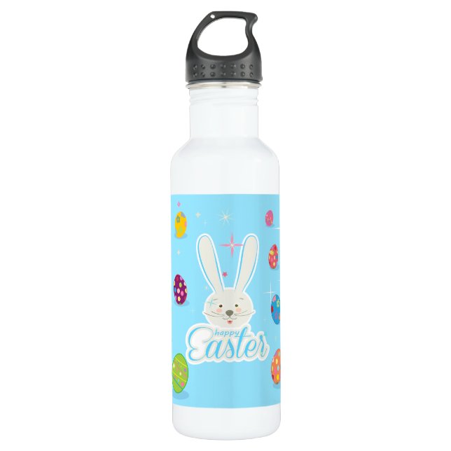 Cute Bunny Happy Easter Eggs Hunt Party Spring 710 Ml Water Bottle (Front)