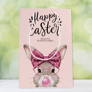 Cute Bunny 'Happy Easter' Pink Pattern Medium Gift Bag