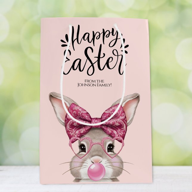 Cute Bunny 'Happy Easter' Pink Pattern Medium Gift Bag (Custom Happy Easter Bunny Gift Bag)
