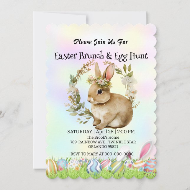 Cute bunny hare hunting egg Happy Easter day Party Invitation (Front)