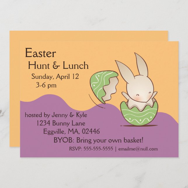 Cute Bunny hatching, Green Easter Egg Invitation (Front/Back)