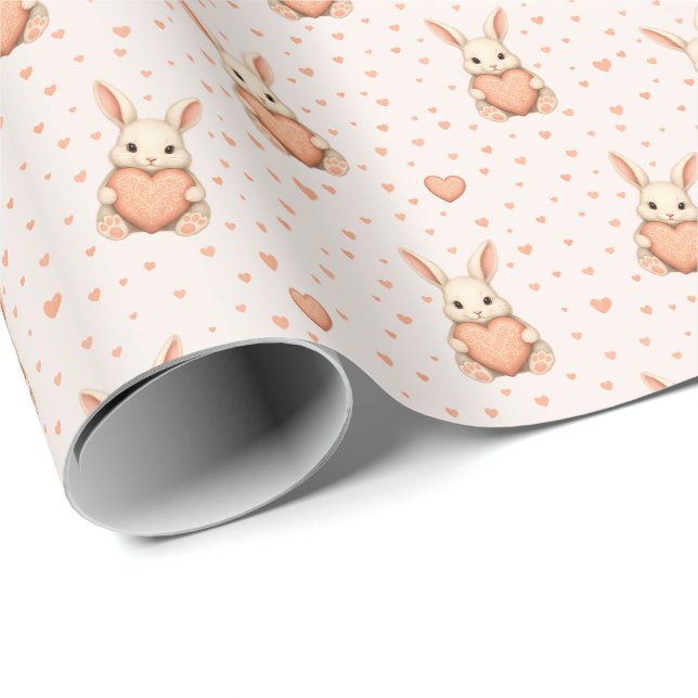 Cute Bunny Heart Pattern on Soft Blush Wrapping Paper (Roll Corner)