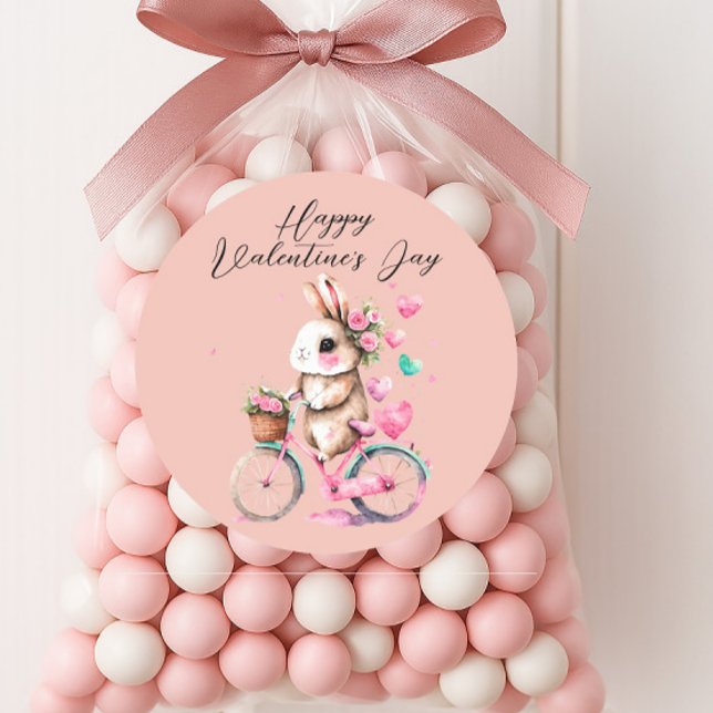 Cute Bunny Hearts Pink Hearts Happy Valentines Day Classic Round Sticker (Cute bunny on a bicycle "Happy Valentine's Day" sticker)