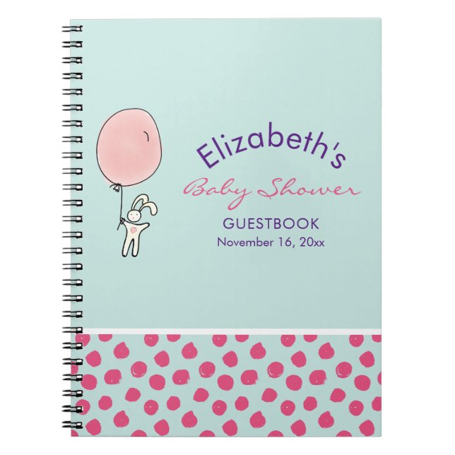 Cute Bunny Holding a Balloon Baby Shower Guestbook Notebook (Front)
