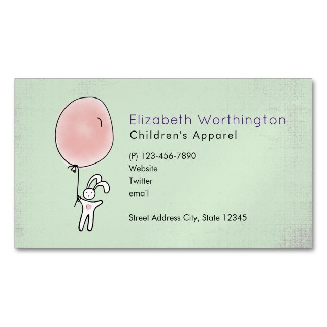 Cute Bunny Holding a Balloon Magnetic Business Card (Front)