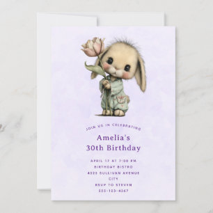 Cute Bunny Holding a Tulip Birthday Invitation