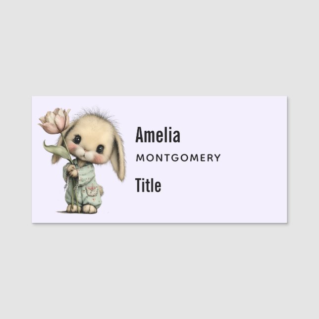 Cute Bunny Holding a Tulip Business Name Tag (Front)