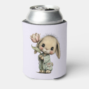 Cute Bunny Holding a Tulip Can Cooler
