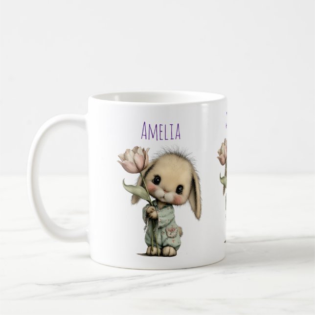 Cute Bunny Holding a Tulip Coffee Mug (Left)