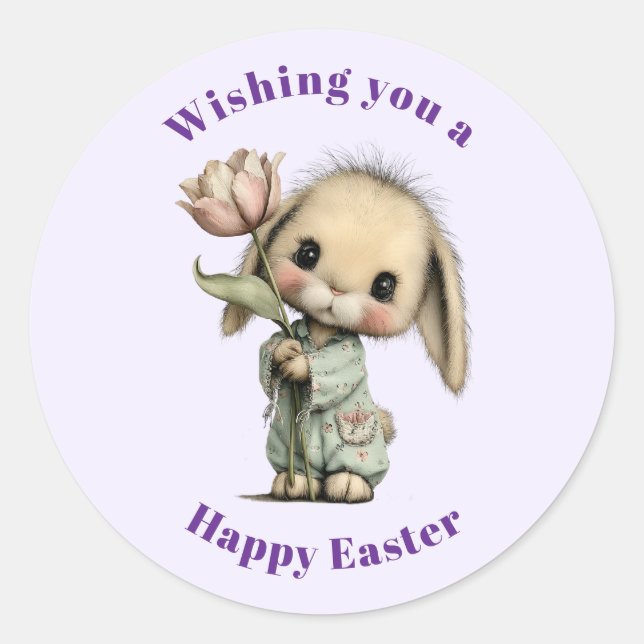 Cute Bunny Holding a Tulip Easter Classic Round Sticker (Front)