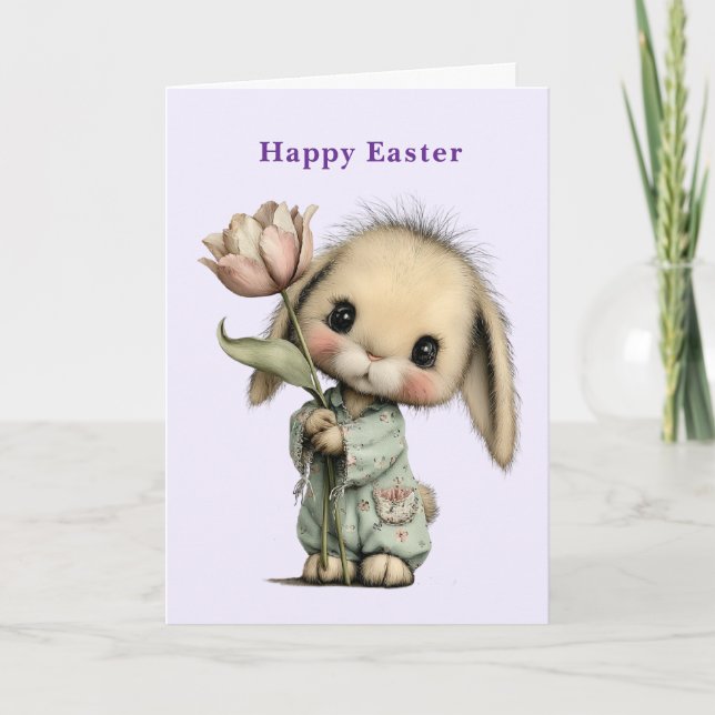 Cute Bunny Holding a Tulip Easter Holiday Card (Front)