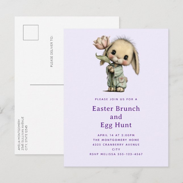 Cute Bunny Holding a Tulip Easter Invitation Postcard (Front/Back)