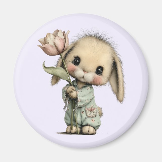 Cute Bunny Holding a Tulip Magnet (Front)