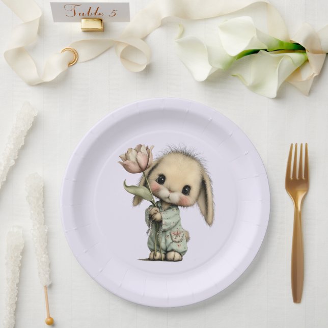Cute Bunny Holding a Tulip Paper Plate (Wedding)