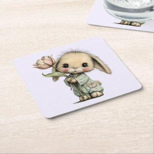 Cute Bunny Holding a Tulip Square Paper Coaster