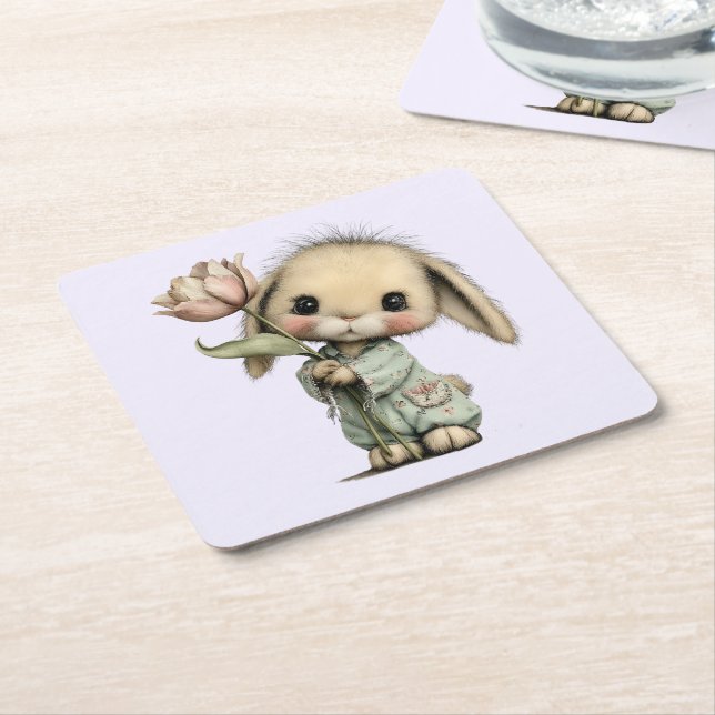 Cute Bunny Holding a Tulip Square Paper Coaster (Angled)