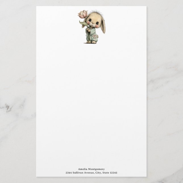 Cute Bunny Holding a Tulip Stationery (Front)