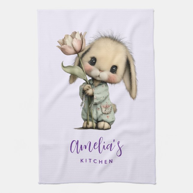 Cute Bunny Holding a Tulip Tea Towel (Vertical)