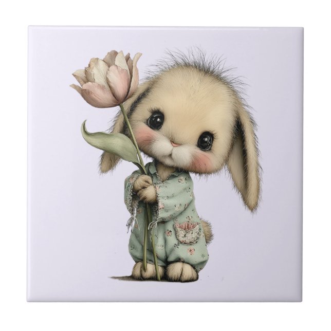 Cute Bunny Holding a Tulip Tile (Front)
