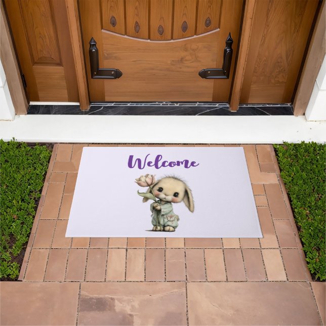 Cute Bunny Holding a Tulip Welcome Doormat (Outdoor)