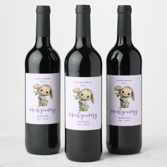 Cute Bunny Holding a Tulip Wine Making Label (Bottles)