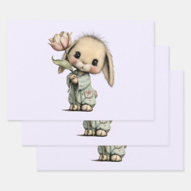 Cute Bunny Holding a Tulip Wrapping Paper Sheet (Set)