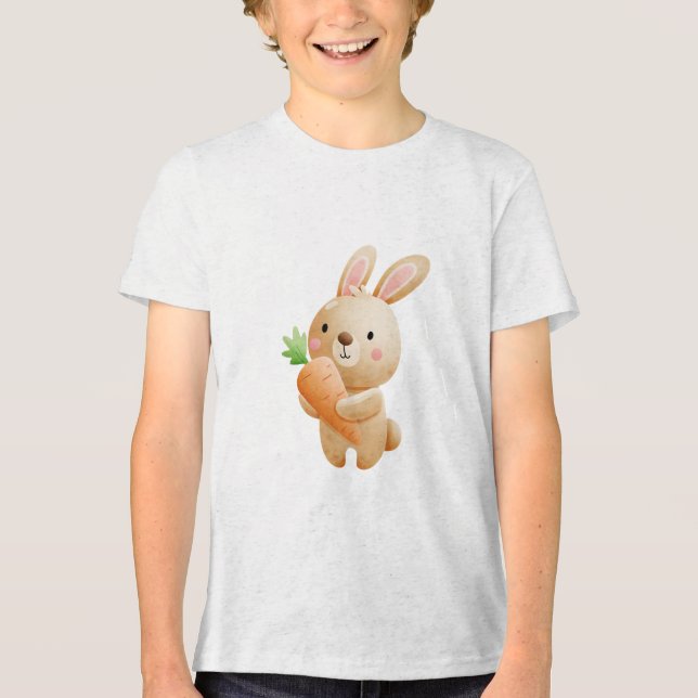 Cute Bunny Holding Carrot Illustration Tri-Blend Shirt (Front)