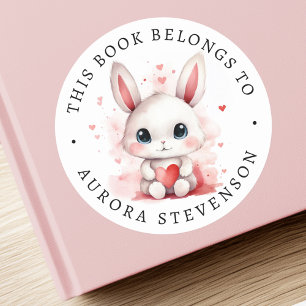 Cute bunny holding heart library book label