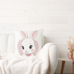 Cute Bunny Holding Heart   Romantic Design Cushion