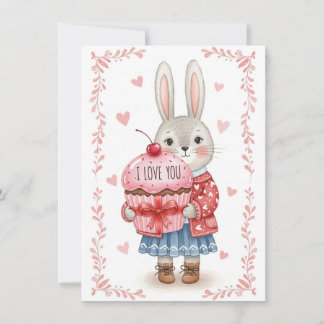 Cute Bunny Holding Pink Cupcake Holiday Card