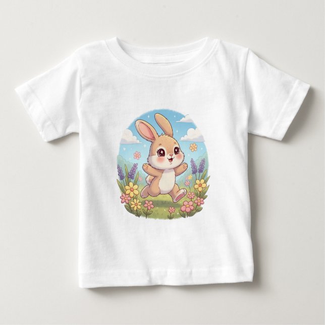 Cute Bunny Hopping in a Flower Field Baby T-Shirt (Front)