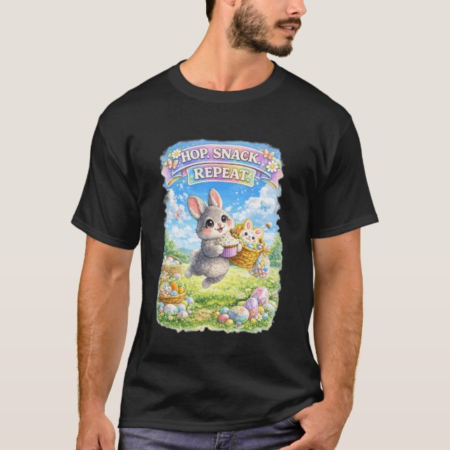 Cute Bunny Hops Snack Repeat Pastel Spring Decorat T-Shirt (Front)