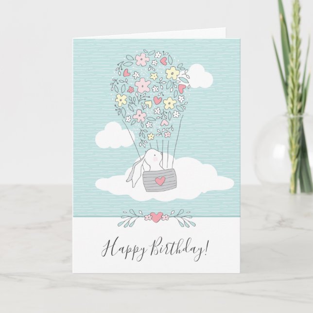 Cute Bunny Hot Air Balloon Birthday Card (Front)