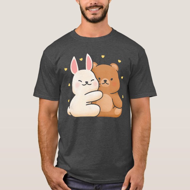 Cute Bunny Hug Bear Bunny and Bearhey Share Love B T-Shirt (Front)