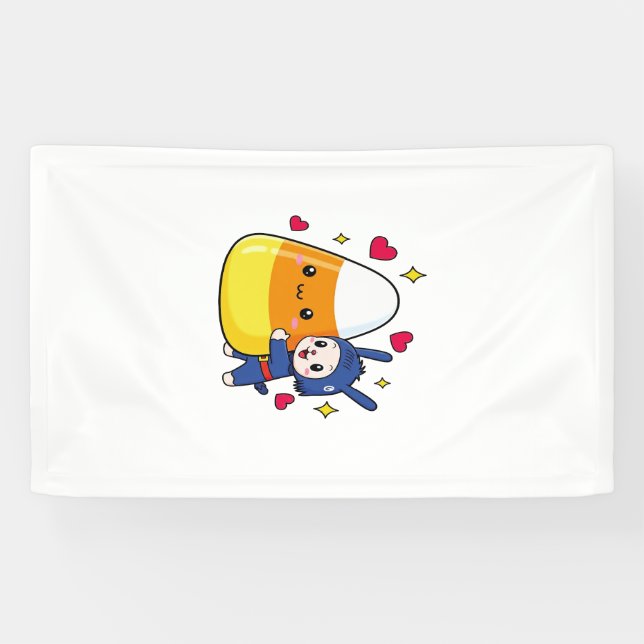 Cute Bunny Hugging Candy Corn Banner (Horizontal)