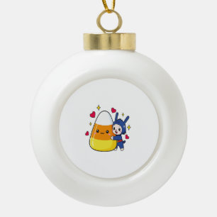 Cute Bunny Hugging Candy Corn Ceramic Ball Christmas Ornament