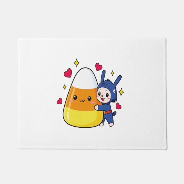 Cute Bunny Hugging Candy Corn Doormat (Front)