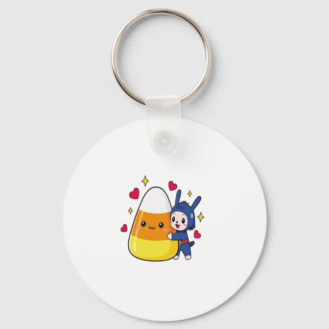Cute Bunny Hugging Candy Corn Key Ring (Front)