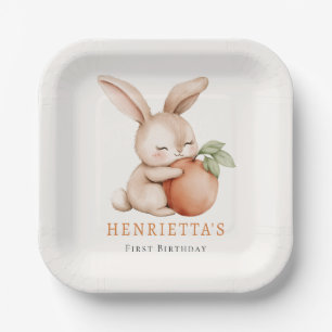 Cute Bunny Hugging Peach First Birthday Girl Paper Plate