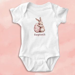 Cute Bunny Hugging Polka Dot Egg Monogram Baby Bodysuit
