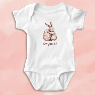 Cute Bunny Hugging Polka Dot Egg Monogram Baby Bodysuit