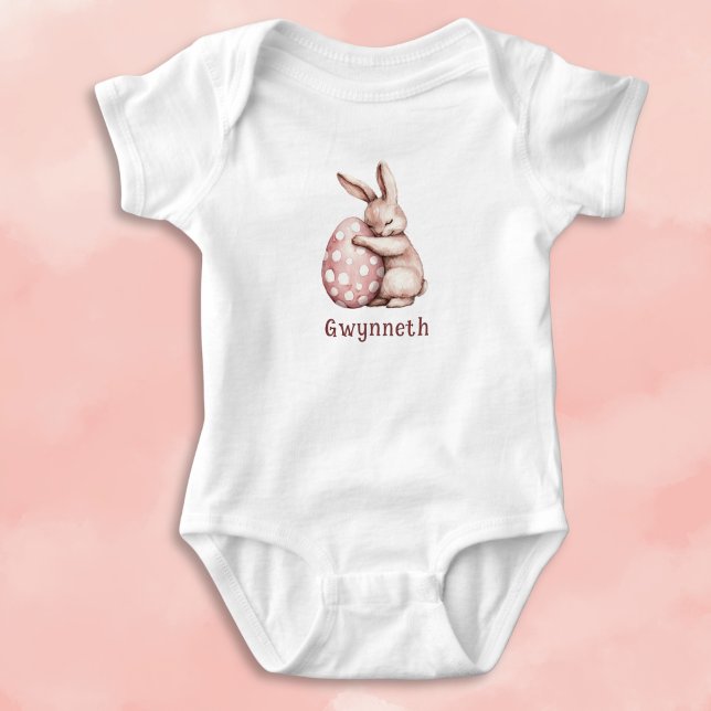 Cute Bunny Hugging Polka Dot Egg Monogram Baby Bodysuit (Creator Uploaded)